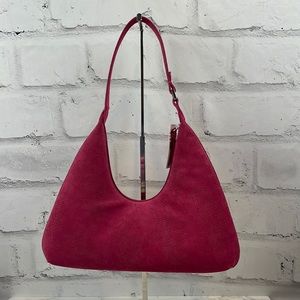 BY FAR Amber Venus Perforated Suede Shoulder Bag Pink
